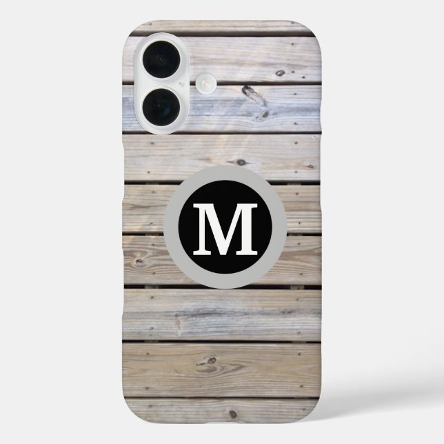Funda iPhone 16 Fondo de Madera de Playa Monogramado (Reverso )