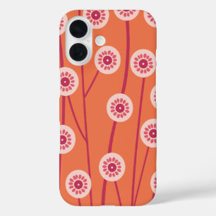 Funda iPhone 16 Fondo Naranja de flores retro rosadas