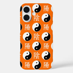 Funda iPhone 16 Fondo naranja Patrón chino Yinyang