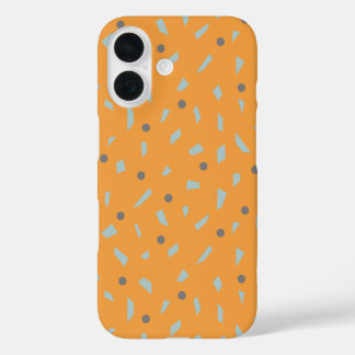 Funda iPhone 16 Fondo naranja Polka Gris Dots Blue Confetti