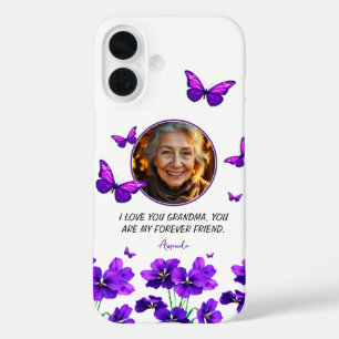 Funda iPhone 16 Foto de la abuela Floral Morada Mariposa