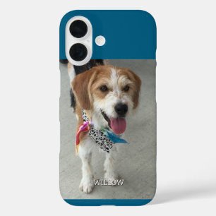 Funda iPhone 16 Foto de mascota y nombre blanco, azul