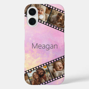 Funda iPhone 16 Foto de tira de película rosa claro y dorado