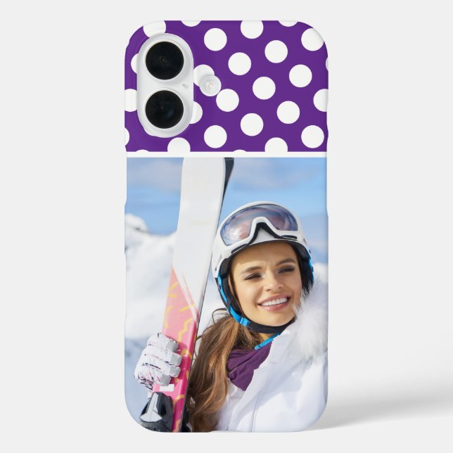 Funda iPhone 16 Foto deportiva de invierno Punto Polka Blanco Púrp (Reverso )
