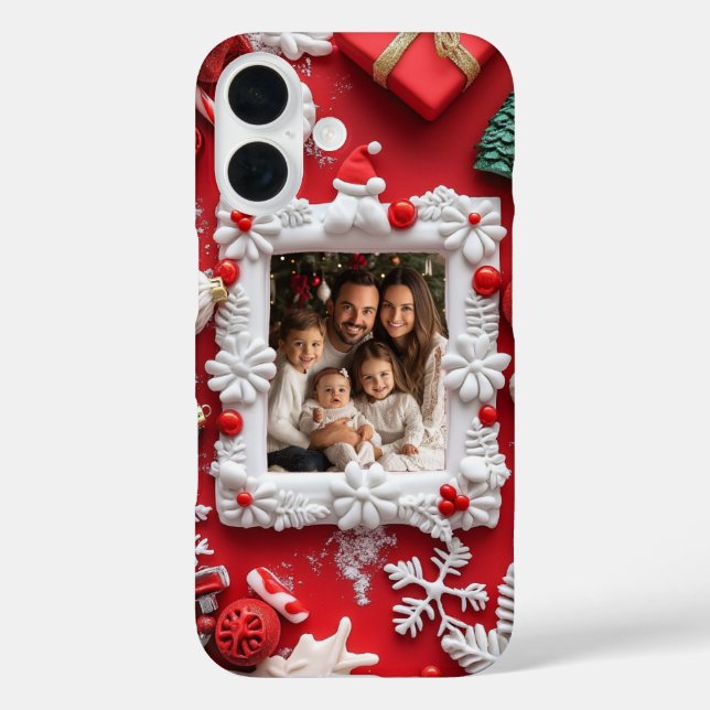 Funda iPhone 16 Foto Navideña Personalizada Festiva Rojo Blanco (Reverso )