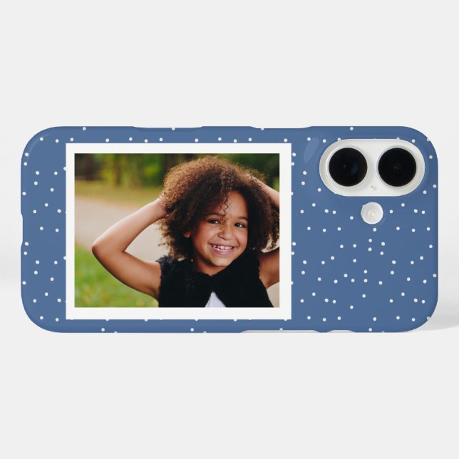Funda iPhone 16 Foto personalizada de puntos de polka azul (Reverso (Horizontal))