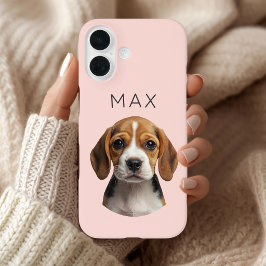 Funda iPhone 16 Foto y nombre de perro personalizado en rosa