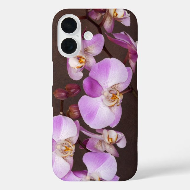 Funda iPhone 16 Fotografía de cierre de orquídeas blancas y violet (Reverso )