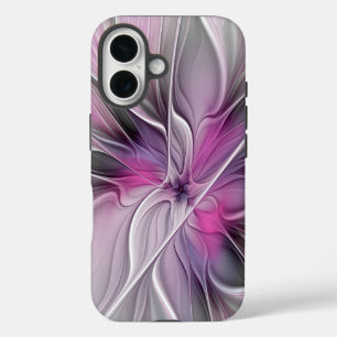 Funda iPhone 16 Fractal Floral Moderno Abstracto Flor Rosa Gris