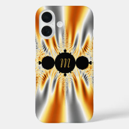 Funda iPhone 16 Fractal metálico de plata dorada monogramada