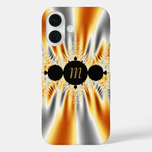 Funda iPhone 16 Fractal metálico de plata dorada monogramada