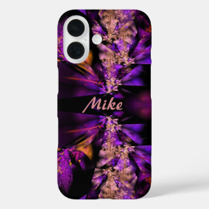 Funda iPhone 16 fractal moderno en negro y púrpura, personalizado
