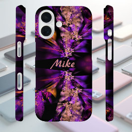 Funda iPhone 16 Fractal moderno en negro y púrpura, personalizado