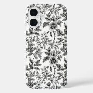 Funda iPhone 16 Frenos de patrón floral blanco y negro vintage