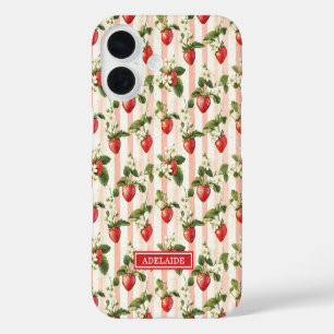 Funda iPhone 16 Fresas acuarela en rayas monogramadas
