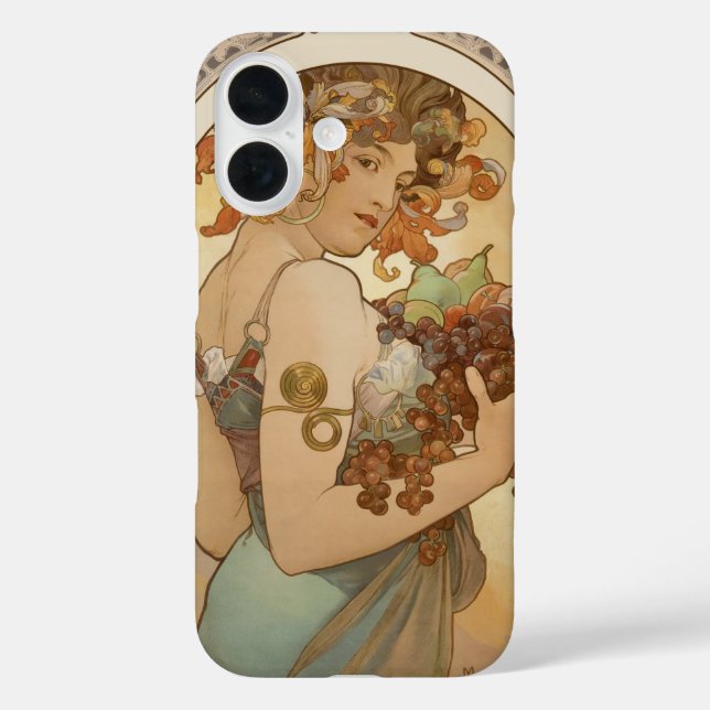 Funda iPhone 16 Frutas de Alphonse Mucha, Arte Antiguo Modernista (Reverso )