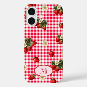 Funda iPhone 16 Fun Red Gingham Strawberries Personalizado Monogra