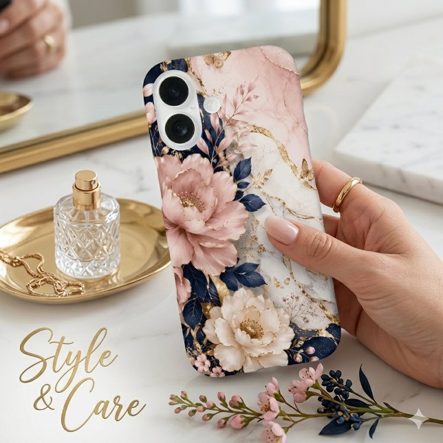 Funda iPhone 16 Fundición de mármol botánico Premium Navy Blue y r (Premium Navy Blue & Pink Botanical Marble iPhone 16 Case)
