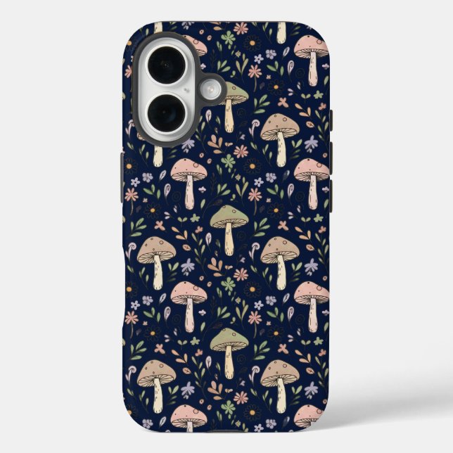Funda iPhone 16 Fungi Azul Marino Profundo Patrón Continuo Dark Ac (Reverso )