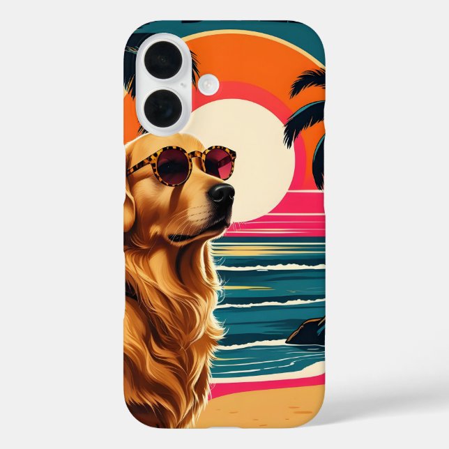Funda iPhone 16 Gafas de sol para perros retro playa de la puesta  (Reverso )