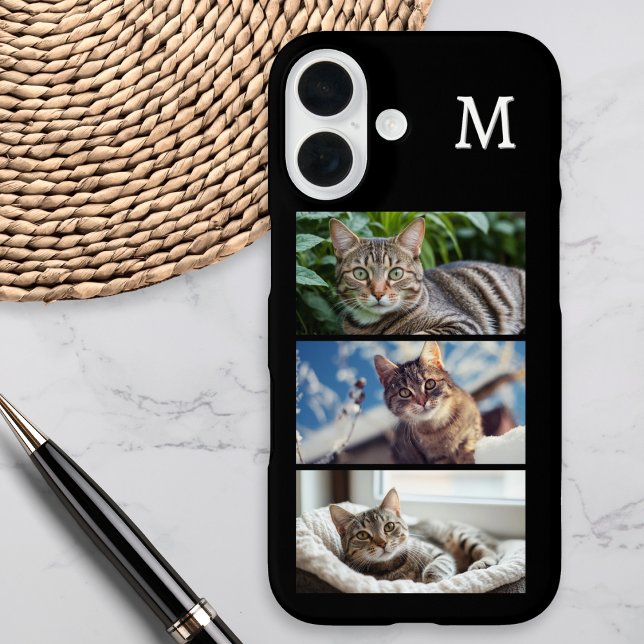 Funda iPhone 16 Galería fotográfica de Mascota Cat Lover Monograma (A monogrammed phone case to personalize with three favorite photos of your cat)