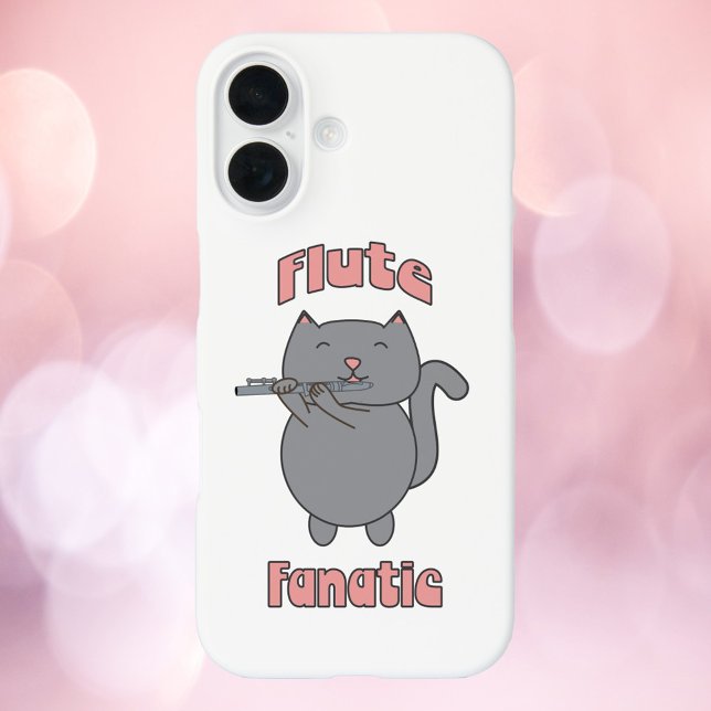 Funda iPhone 16 Gata Gris Fanática de la Flauta Rosa (A phone case with a cute gray cat playing the flute & the words flute fanatic in pink.)