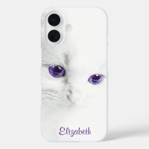 Funda iPhone 16 Gatito blanco suave con ojos morados personalizado