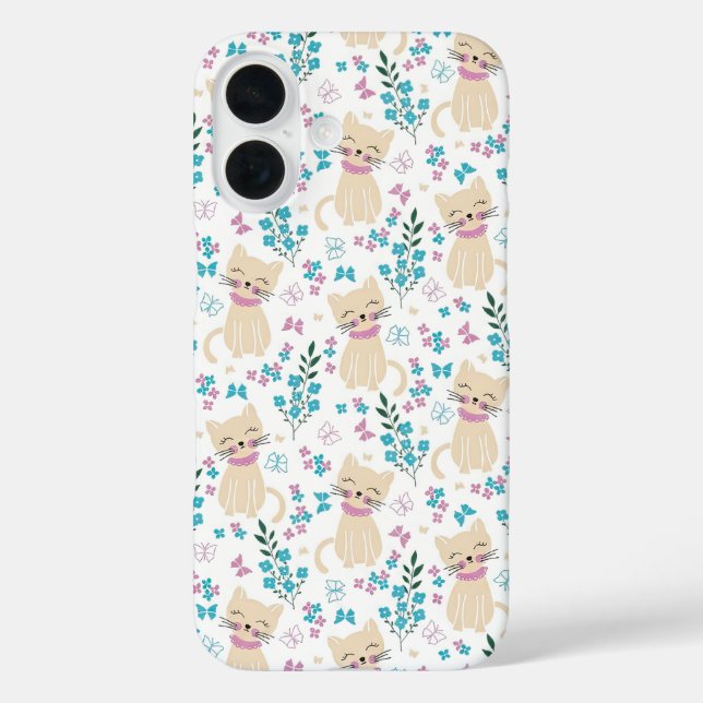 Funda iPhone 16 Gatito delicado y garabato botánico (Reverso )