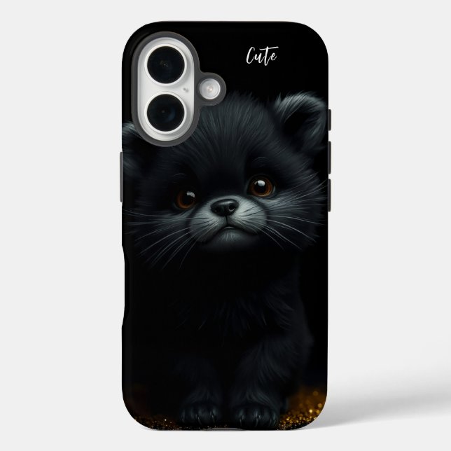 Funda iPhone 16 Gatito negro adorable (Reverso )