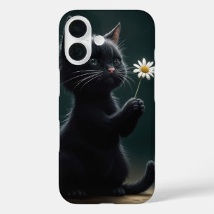 Funda iPhone 16 Gatito negro con una margarita blanca