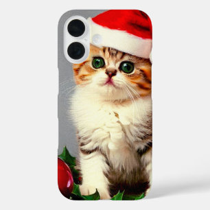 Funda iPhone 16 Gatito vintage de Navidad en Santa Hat
