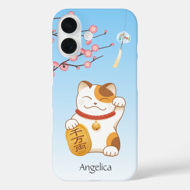 Funda iPhone 16 Gato Afortunado Japonés, Maneki Neko Calico (Reverso )