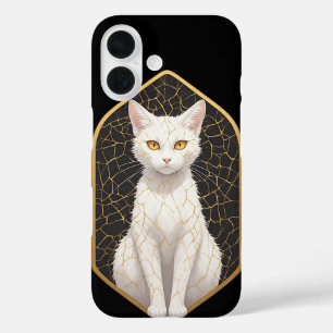 Funda iPhone 16 Gato Blanco Con Patrón Kintsugi 🐾
