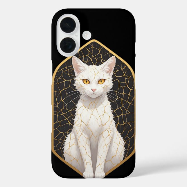 Funda iPhone 16 Gato Blanco Con Patrón Kintsugi 🐾 (Reverso )