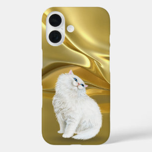 Funda iPhone 16 Gato blanco persa en satén de oro