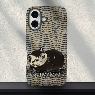 Funda iPhone 16 Gato blanco y negro Grunge lindo Nombre personaliz