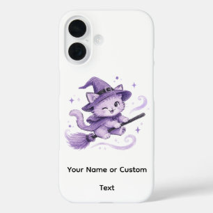 Funda iPhone 16 Gato bruja púrpura lindo en escoba Halloween