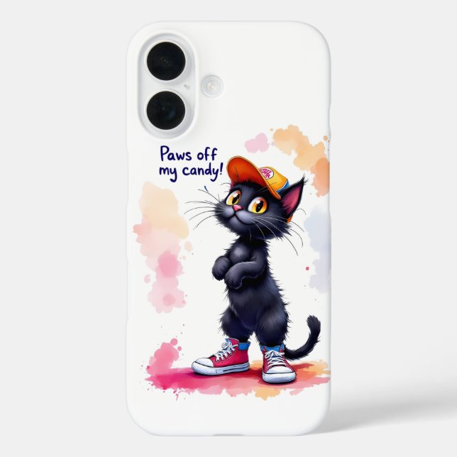 Funda iPhone 16 Gato codicioso, Halloween, autora Natasha Us (Reverso )