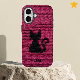 Funda iPhone 16 Gato de ganchillo fucsia lindo Monograma inicial p