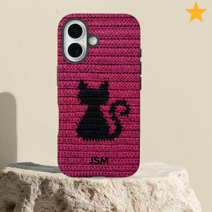 Funda iPhone 16 Gato de ganchillo fucsia lindo Monograma inicial p