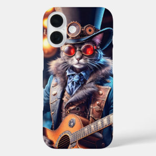 Funda iPhone 16 Gato de vapor tocando guitarra, sombrero de punta