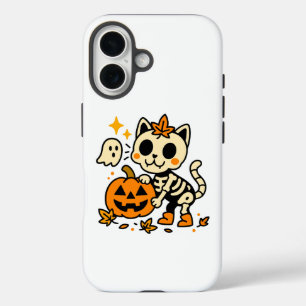 Funda iPhone 16 Gato esqueleto lindo con calabaza