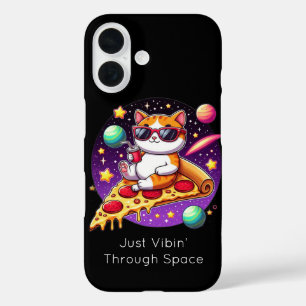 Funda iPhone 16 Gato genial en pizza en el espacio