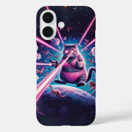 Funda iPhone 16 Gato gigante gracioso y dinosaurios en el espacio