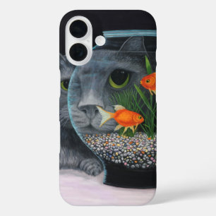 Funda iPhone 16 Gato Gris de Pelo Largo y Pecera