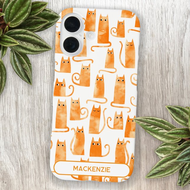 Funda iPhone 16 Gato Naranja personalizado divertido (Fun and quirky personalized custom name watercolor orange ginger cat pattern mouse mat)