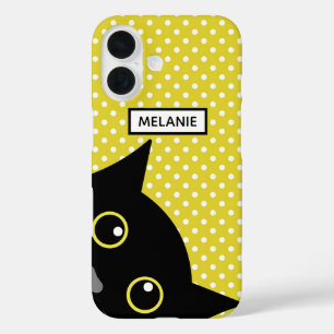 Funda iPhone 16 Gato negro curioso con lunares amarillos personali