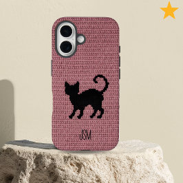 Funda iPhone 16 Gato negro de ganchillo lindo con iniciales person