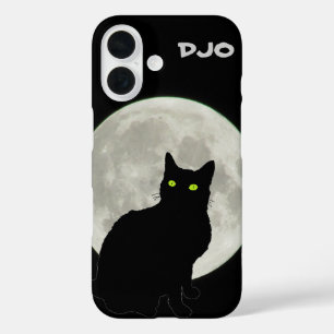 Funda iPhone 16 Gato negro de la luna llena mirando hacia arriba