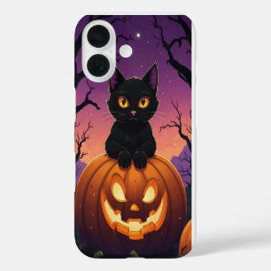 Funda iPhone 16 Gato negro en calabaza